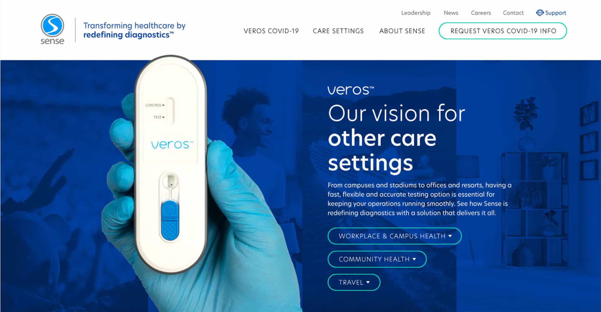 Sense Biodetection website featuring Veros COVID-19